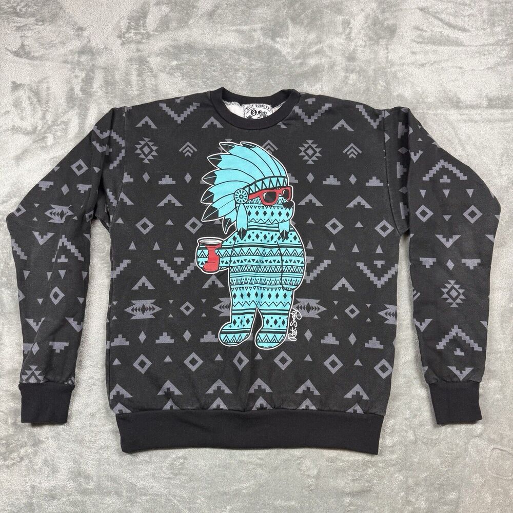 RIOT SOCIETY Sweatshirt Men’s Small Black Tribal Indian Chief Panda Bear